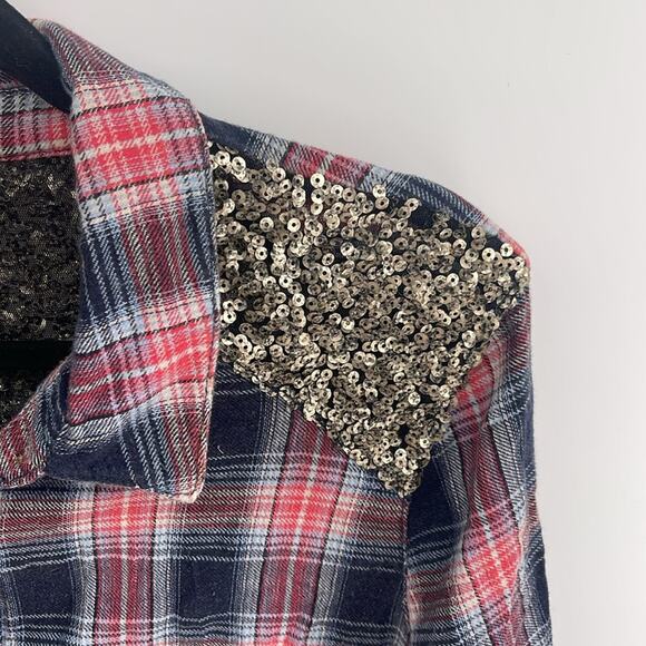 Free People Little Bit of Sugar flannel sequin long sleeve button up shirt sz L - Picture 6 of 7